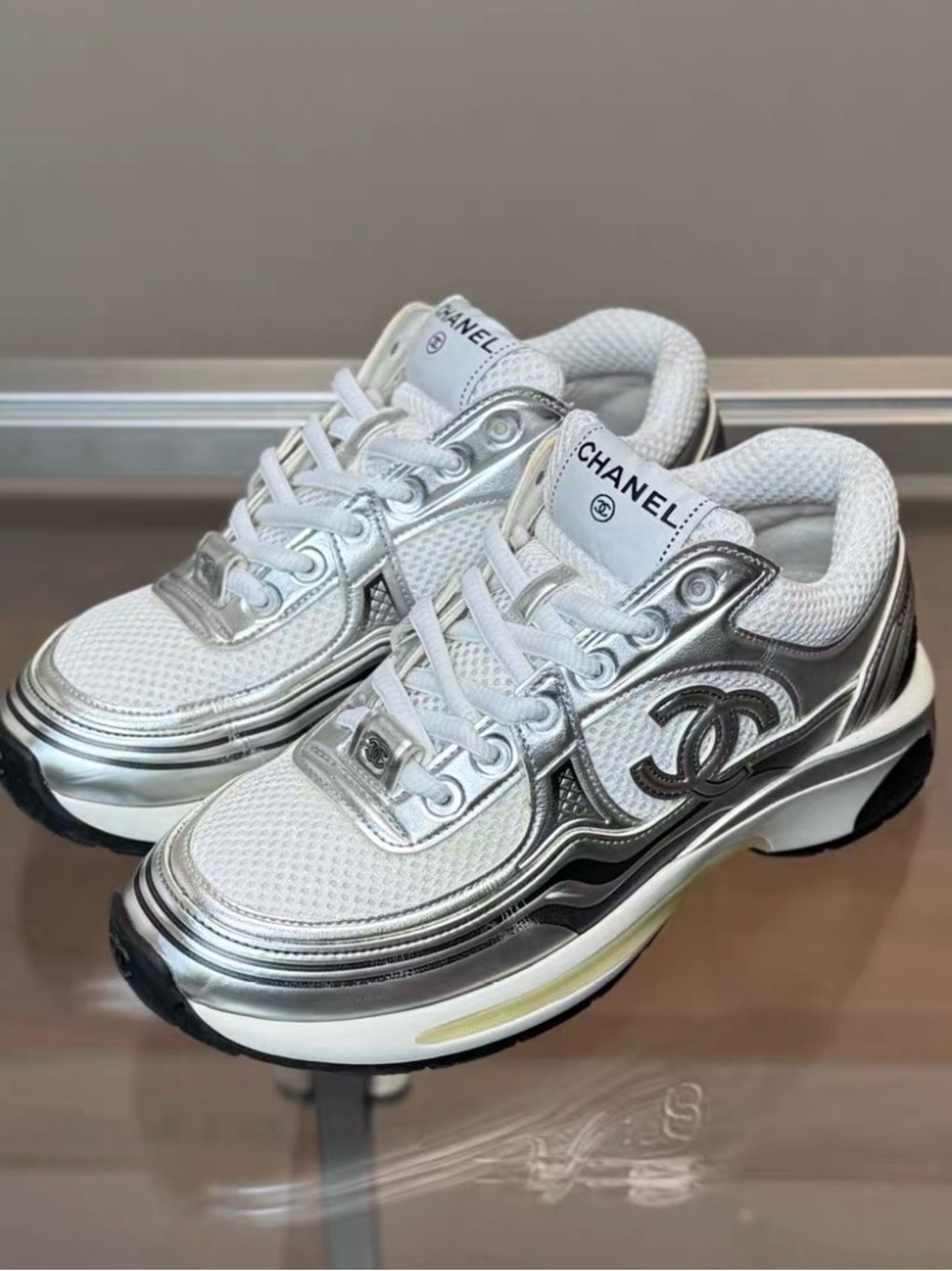 CHANEL White and Silver Mesh Platform Sneakers